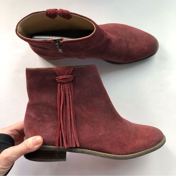 Karl Lagerfeld Paris Burgundy Suede Fringe Ankle‎ Booties Size 7.5 - Picture 1 of 10
